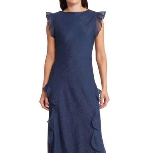 NWOT Ted Baker Laurae Bias Cut Ruffle Gown in Midnight Blue Shimmer - Picture 4 of 12